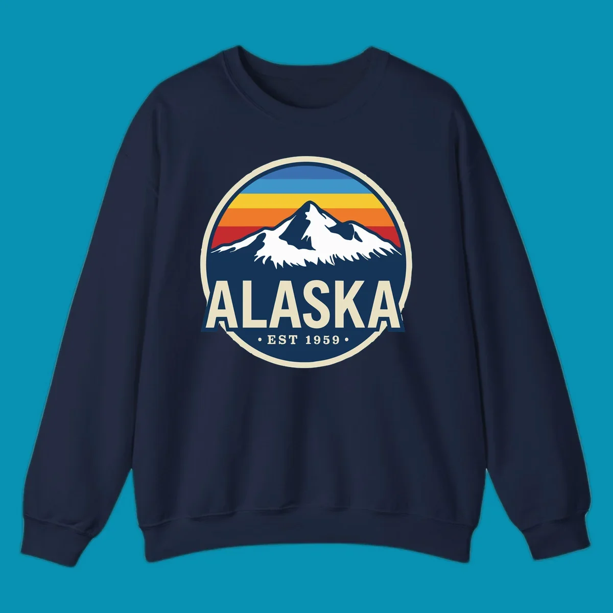 A circular alaska-mountain-range-sunset-badge design with retro stripes and white peaks above bold Alaska text.