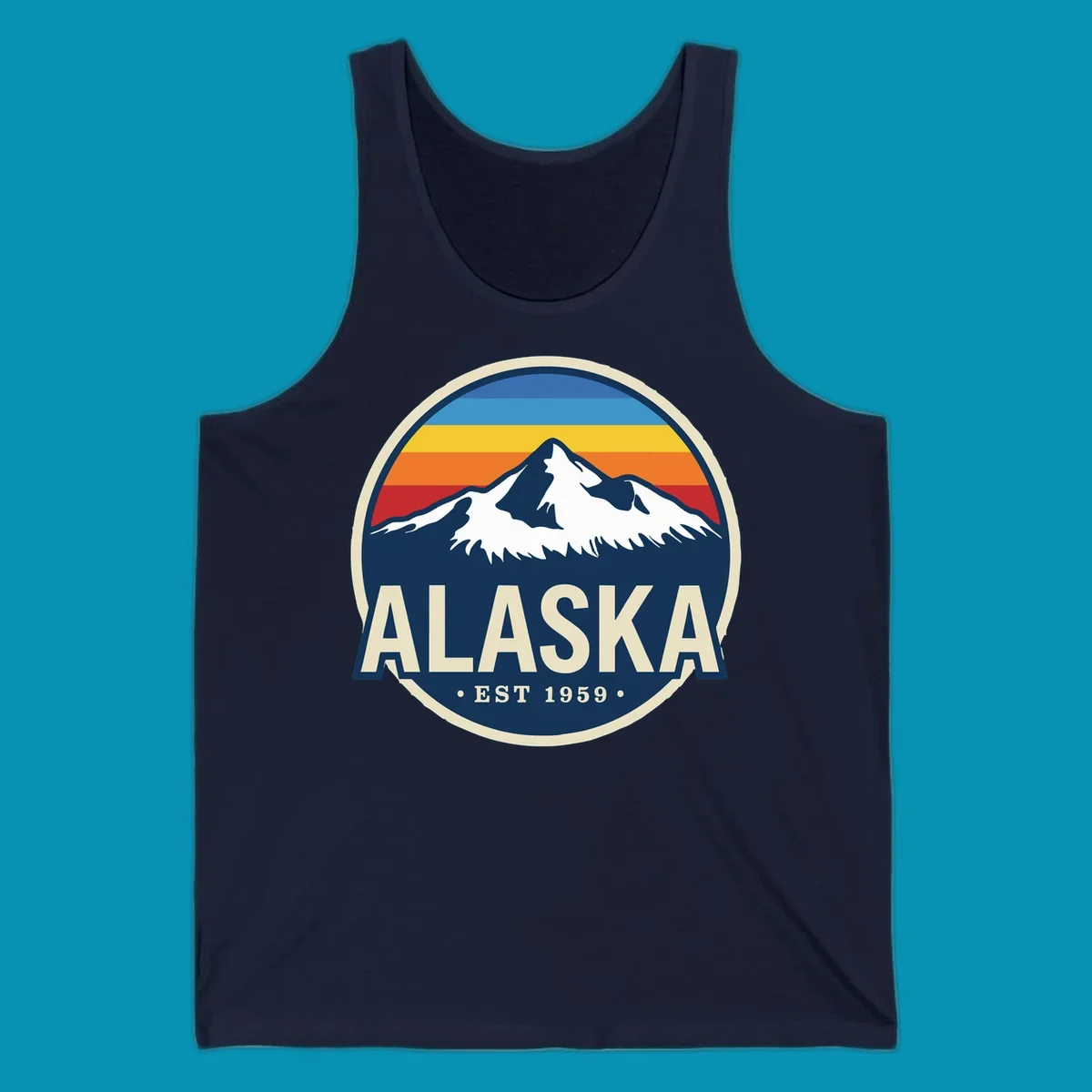 A circular alaska-mountain-range-sunset-badge design with retro stripes and white peaks above bold Alaska text.