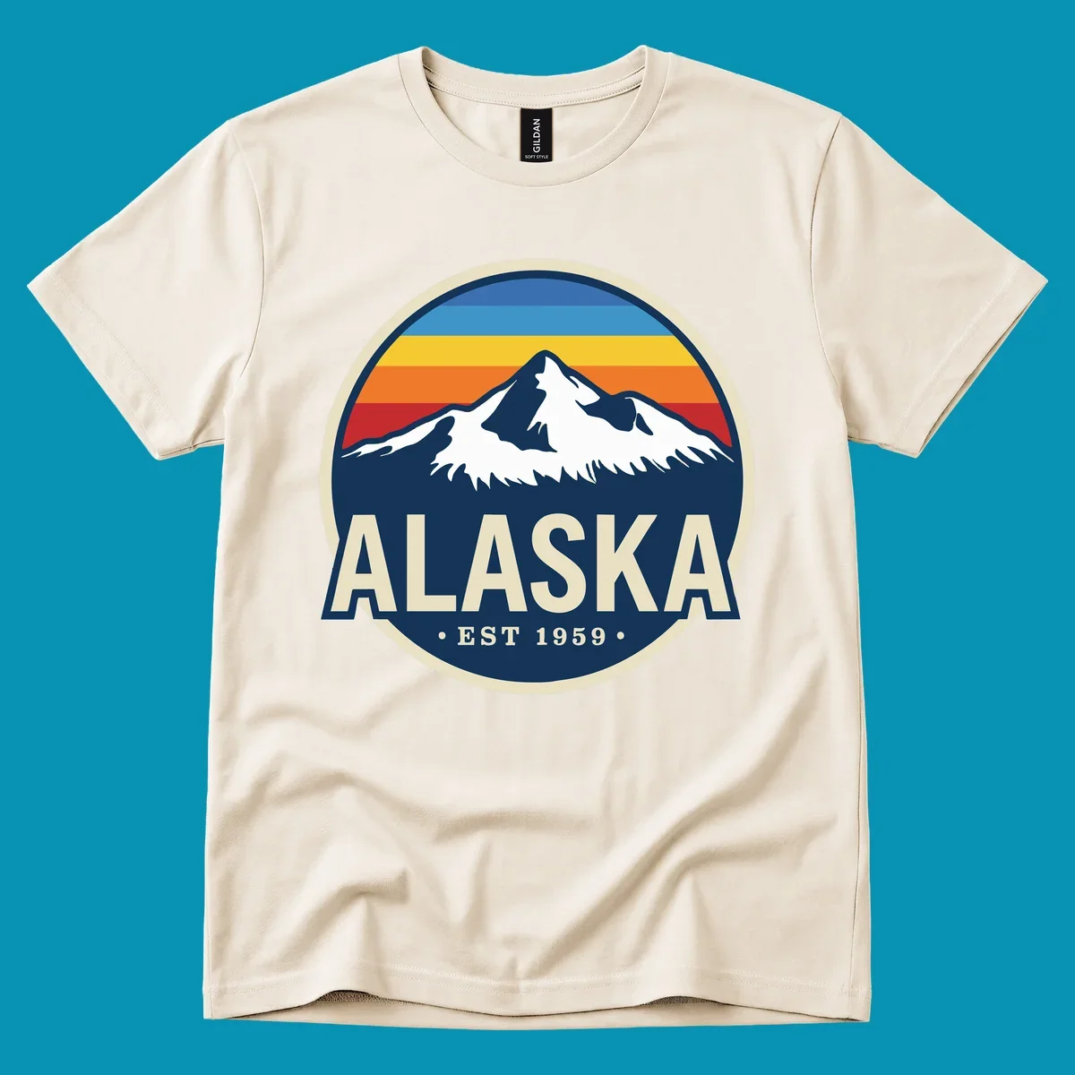 A circular alaska-mountain-range-sunset-badge design with retro stripes and white peaks above bold Alaska text.