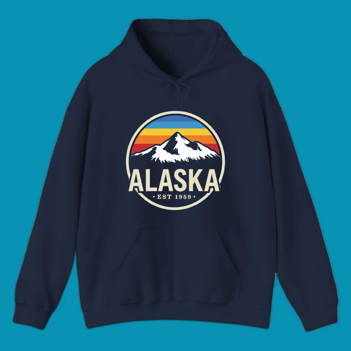 Vintage circular Alaska badge with snow-capped mountains, retro striped sky, and 'ALASKA EST 1959'. alaska-vintage-mountain-1959.