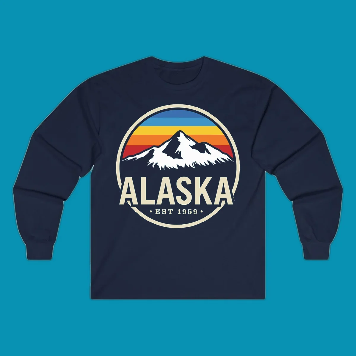 Vintage circular Alaska badge with snow-capped mountains, retro striped sky, and 'ALASKA EST 1959'. alaska-vintage-mountain-1959.