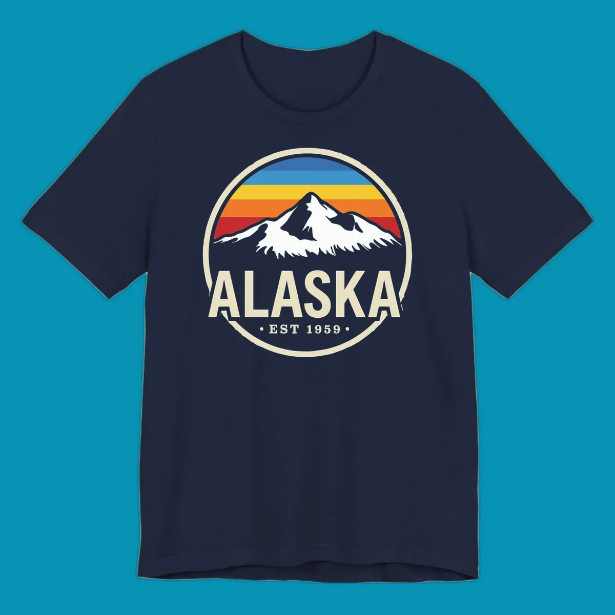 Vintage circular Alaska badge with snow-capped mountains, retro striped sky, and 'ALASKA EST 1959'. alaska-vintage-mountain-1959.