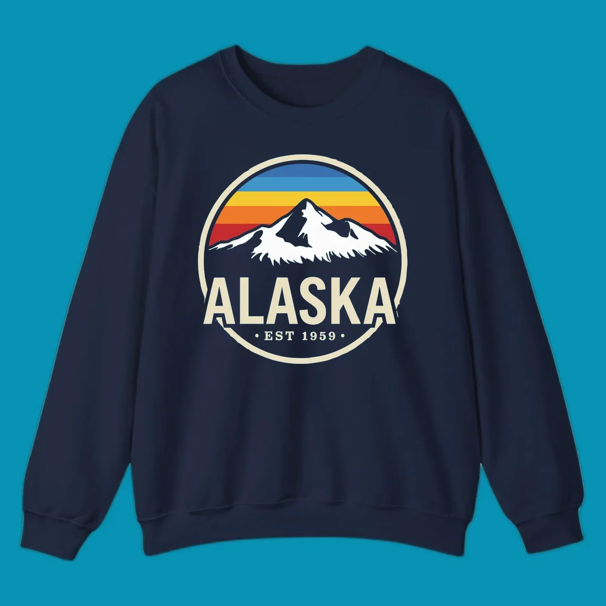 Vintage circular Alaska badge with snow-capped mountains, retro striped sky, and 'ALASKA EST 1959'. alaska-vintage-mountain-1959.