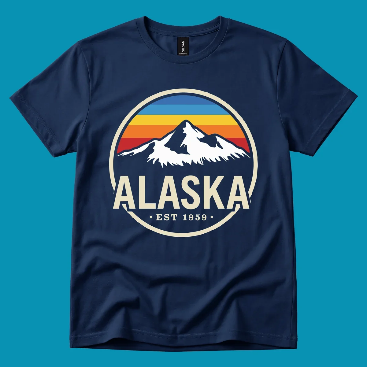 Vintage circular Alaska badge with snow-capped mountains, retro striped sky, and 'ALASKA EST 1959'. alaska-vintage-mountain-1959.