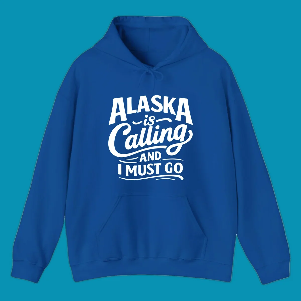 A white typography design on a black background reading Alaska is Calling and I Must Go in mixed fonts.