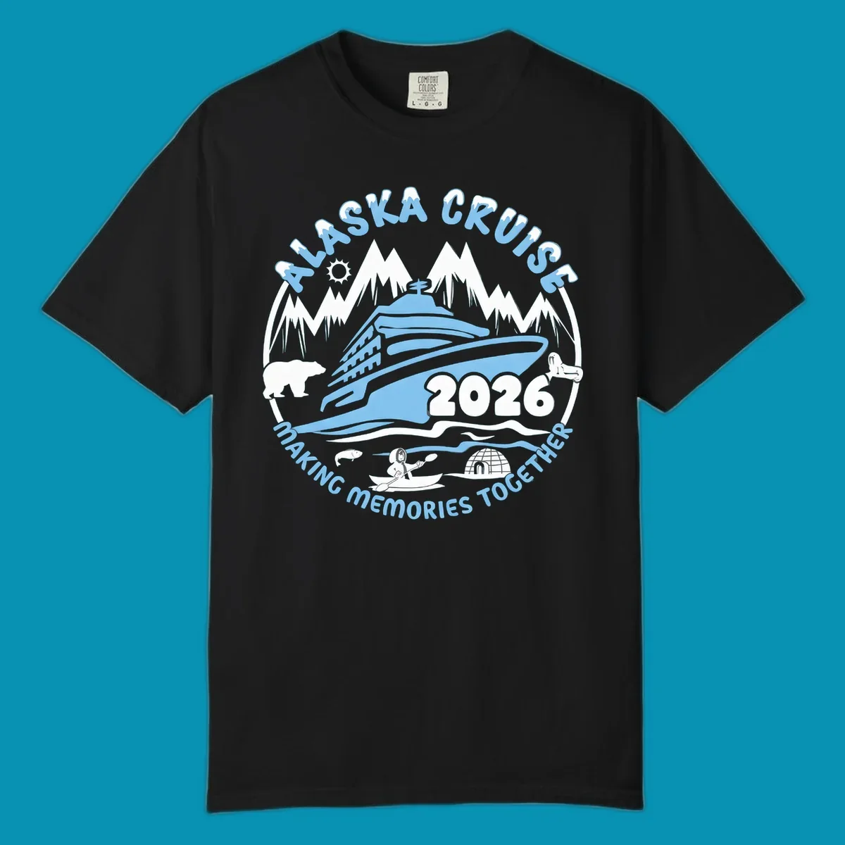 A blue and white circular design featuring a cruise ship and alaska scenic icons together for 2026.