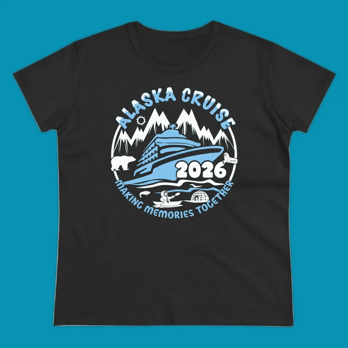 A blue and white circular design featuring a cruise ship and alaska scenic icons together for 2026.