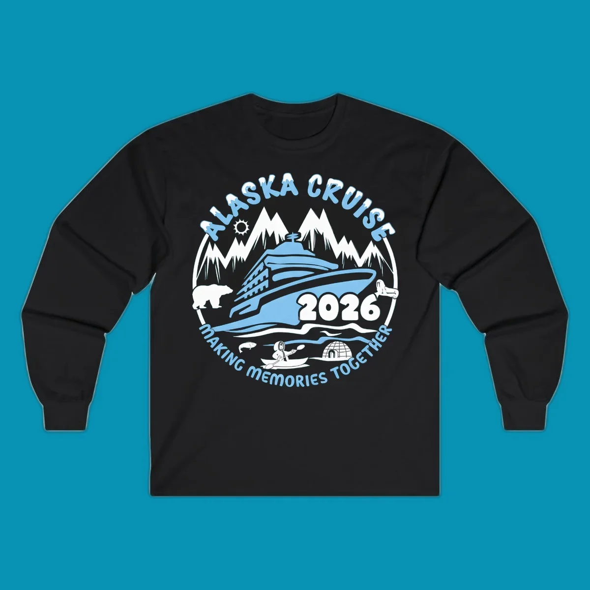 A blue and white circular design featuring a cruise ship and alaska scenic icons together for 2026.