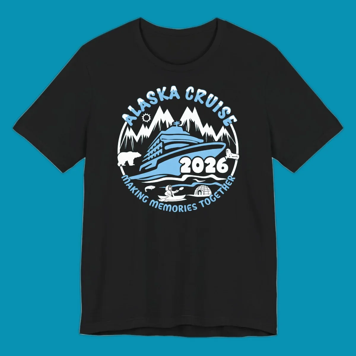 A blue and white circular design featuring a cruise ship and alaska scenic icons together for 2026.