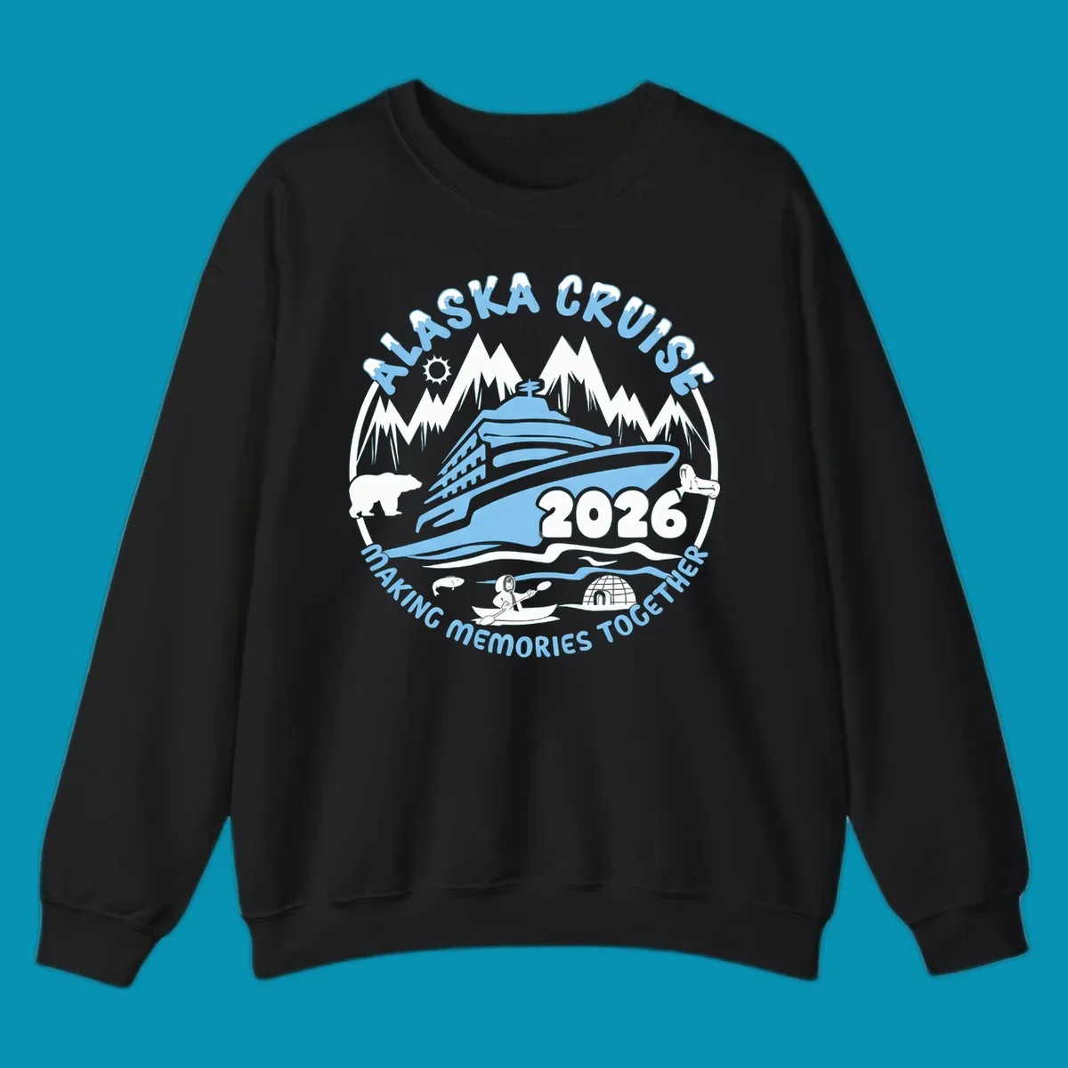 A blue and white circular design featuring a cruise ship and alaska scenic icons together for 2026.