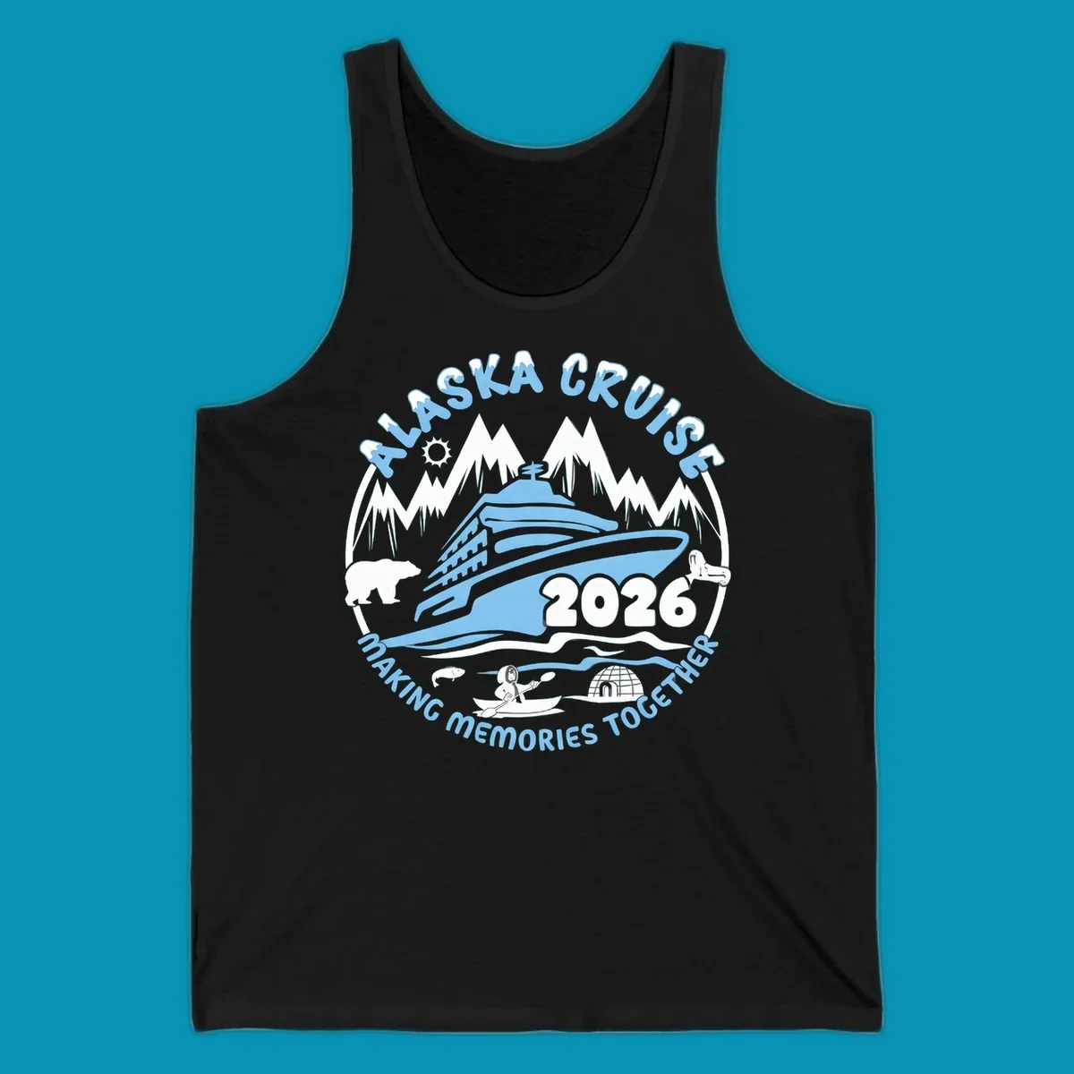 A blue and white circular design featuring a cruise ship and alaska scenic icons together for 2026.