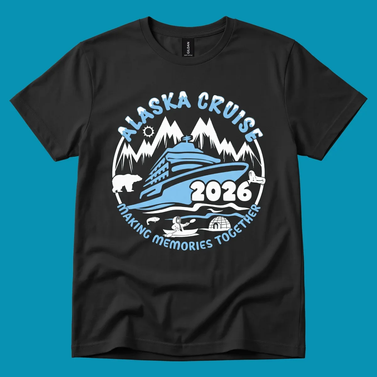 A blue and white circular design featuring a cruise ship and alaska scenic icons together for 2026.