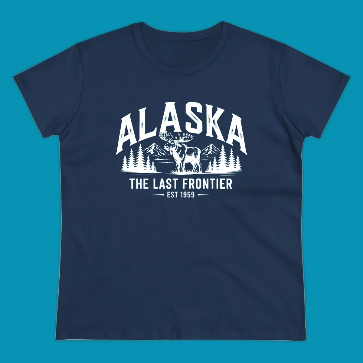A white alaska-moose-frontier-scenic graphic showing a moose standing in front of mountains and pine trees.