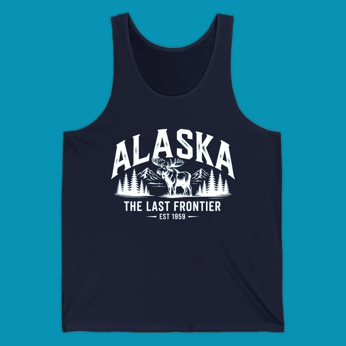 A white alaska-moose-frontier-scenic graphic showing a moose standing in front of mountains and pine trees.