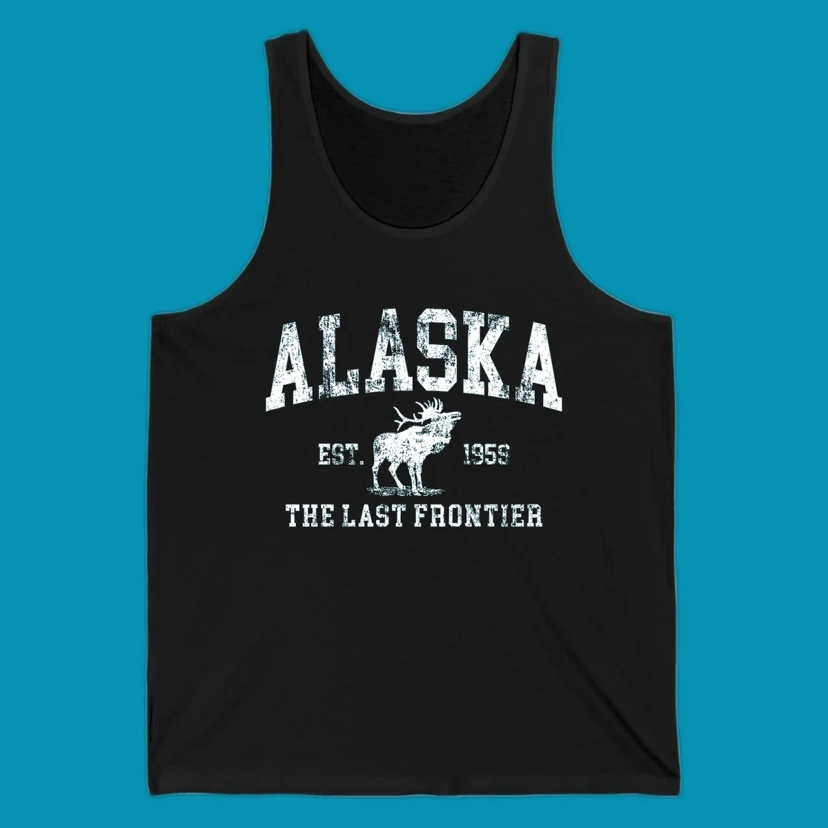 Distressed white design featuring a moose and the text ALASKA THE LAST FRONTIER.