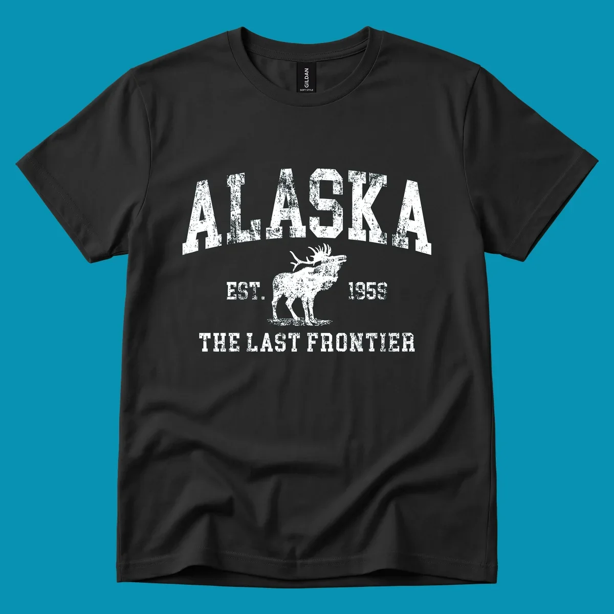 Distressed white design featuring a moose and the text ALASKA THE LAST FRONTIER.