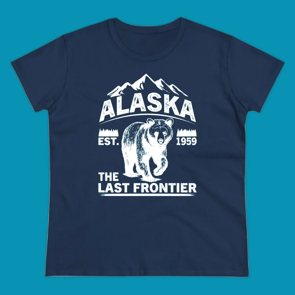 White graphic of a walking grizzly bear under mountain peaks with alaska-grizzly-frontier-mountains text.
