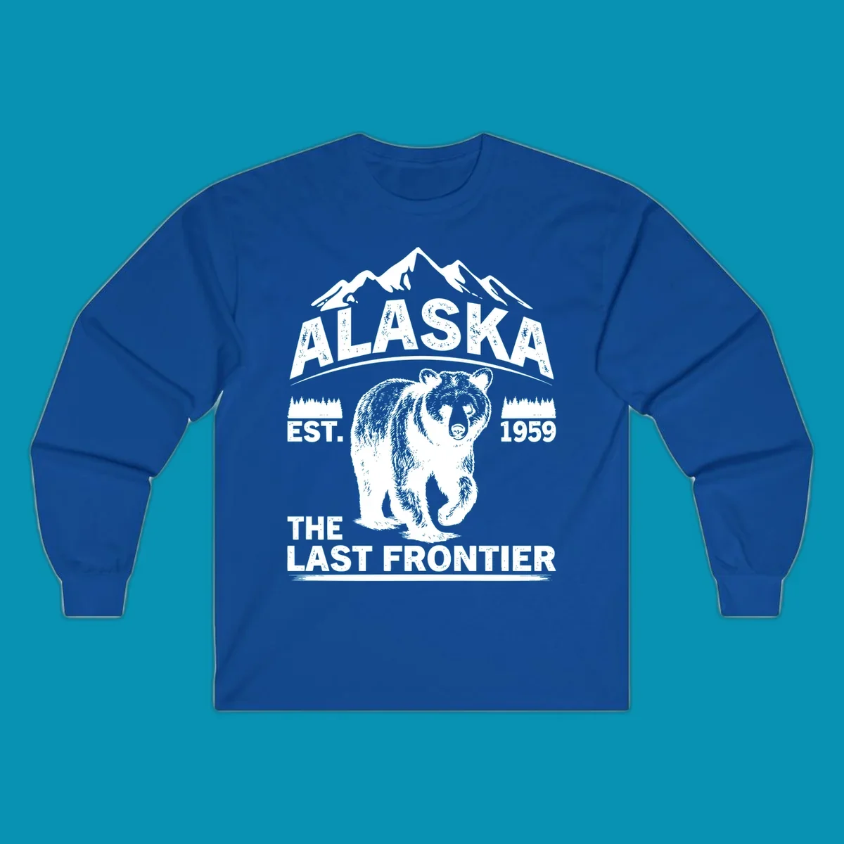 White graphic of a walking grizzly bear under mountain peaks with alaska-grizzly-frontier-mountains text.