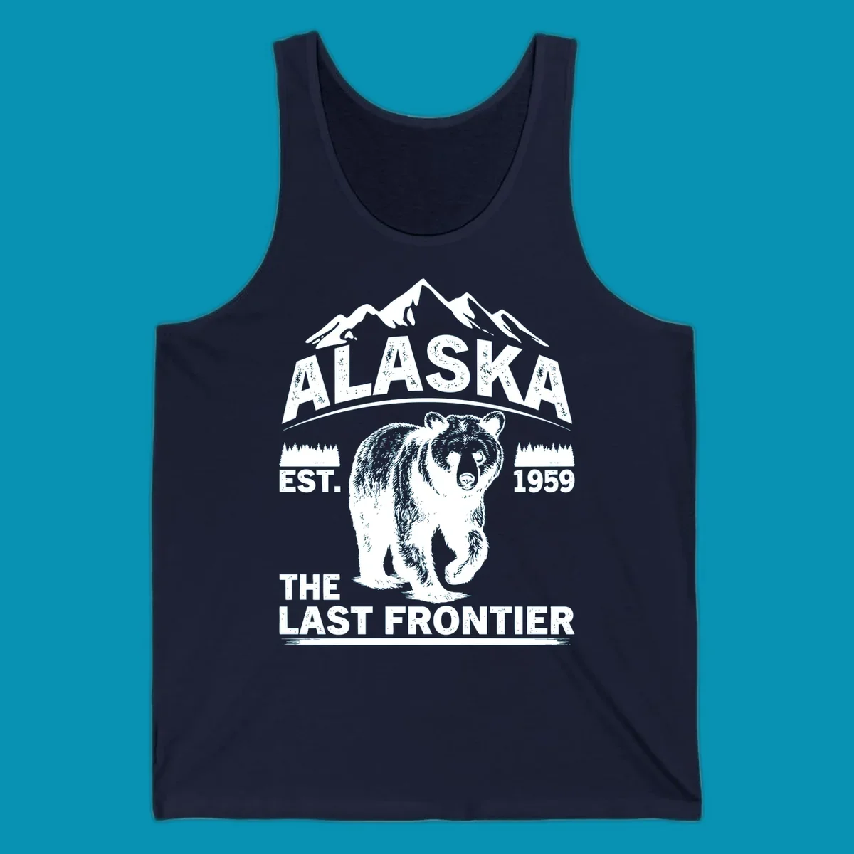 White graphic of a walking grizzly bear under mountain peaks with alaska-grizzly-frontier-mountains text.