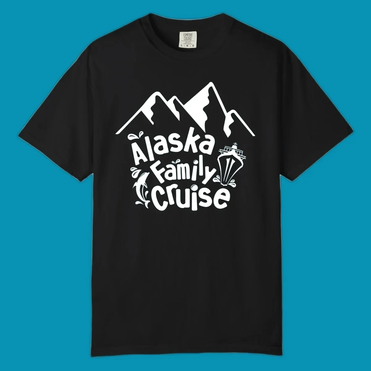 White alaska-family-cruise-mountains design with a cruise ship and a dolphin jumping from the water.
