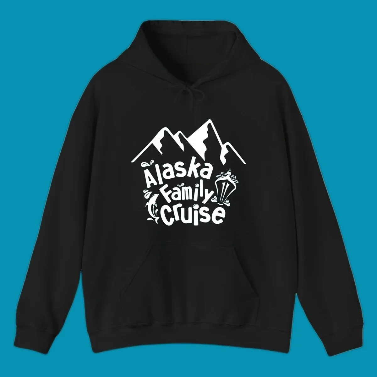 White alaska-family-cruise-mountains design with a cruise ship and a dolphin jumping from the water.