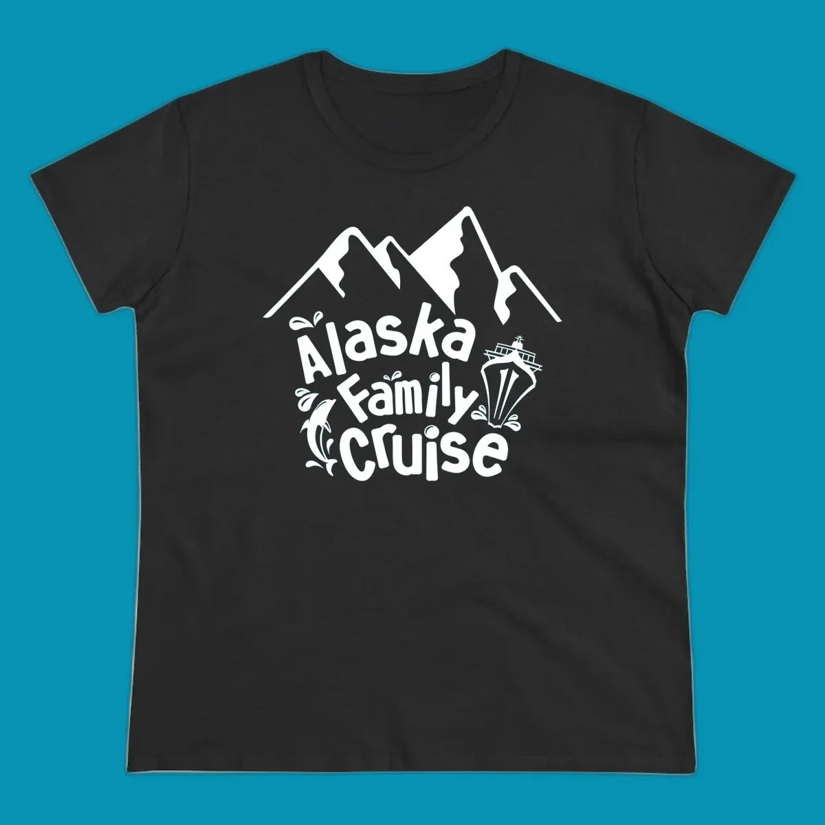 White alaska-family-cruise-mountains design with a cruise ship and a dolphin jumping from the water.