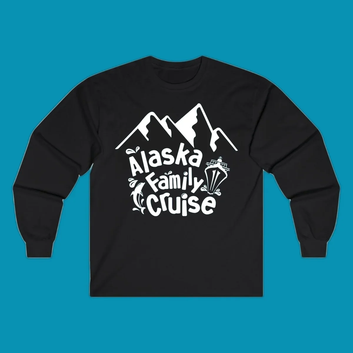 White alaska-family-cruise-mountains design with a cruise ship and a dolphin jumping from the water.