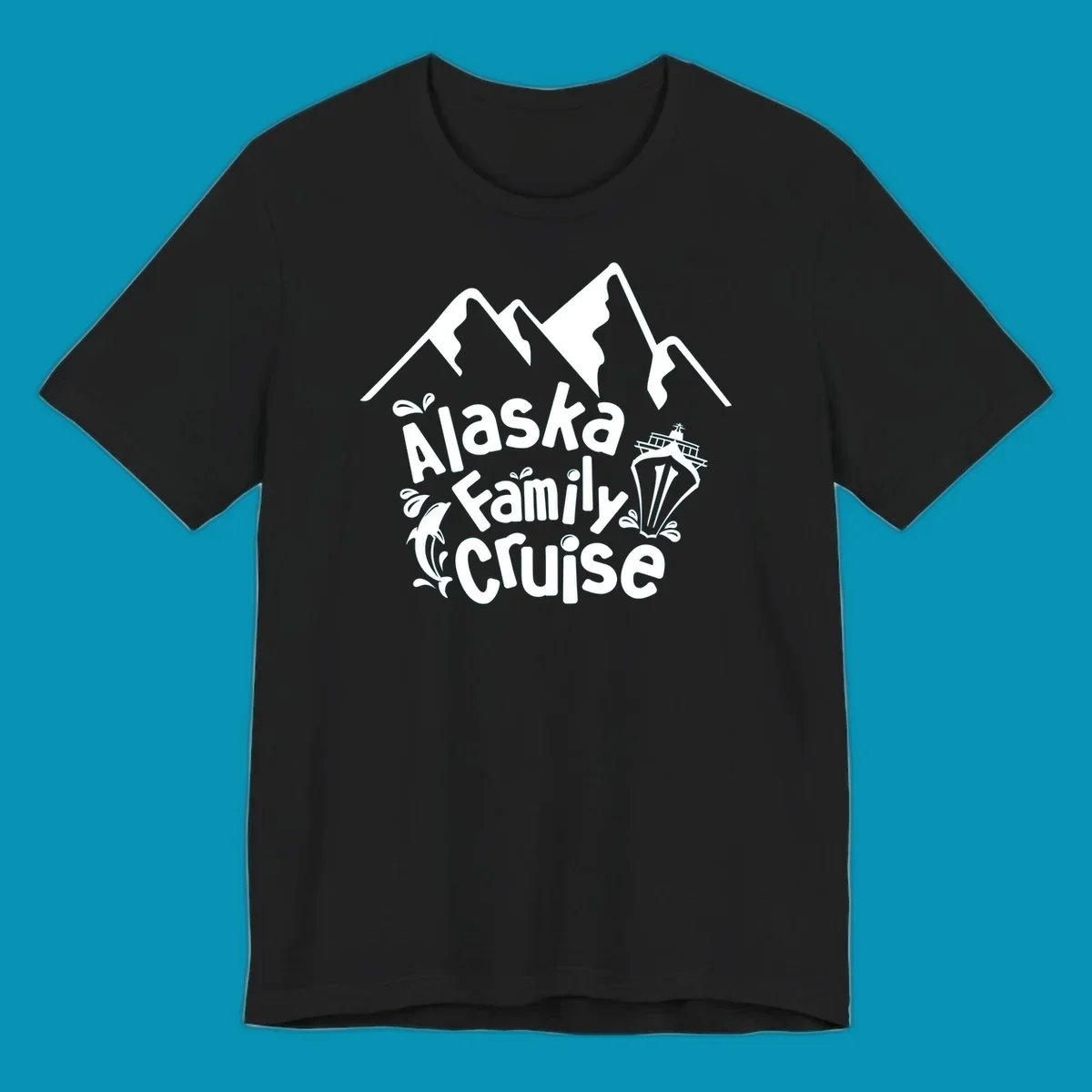 White alaska-family-cruise-mountains design with a cruise ship and a dolphin jumping from the water.