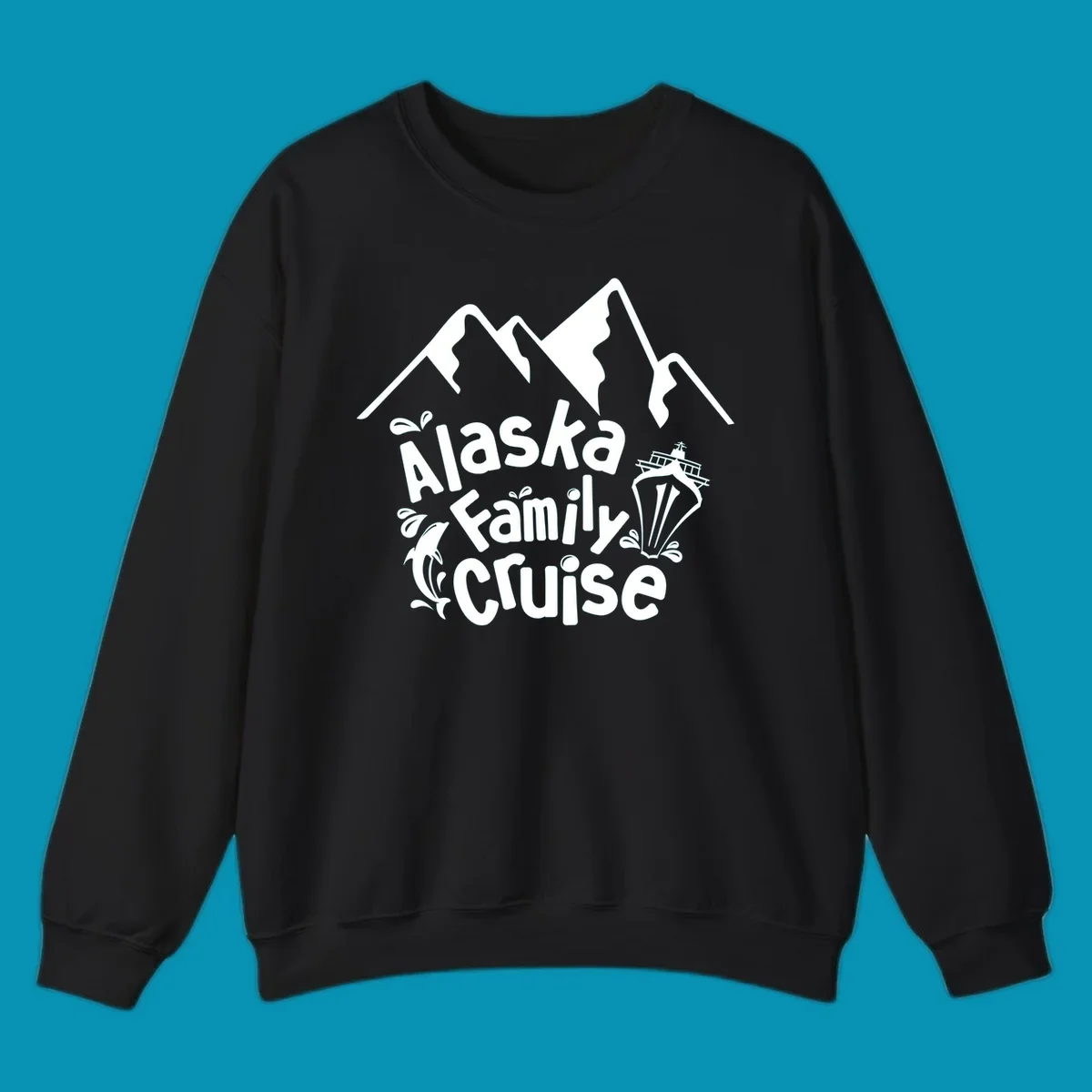 White alaska-family-cruise-mountains design with a cruise ship and a dolphin jumping from the water.