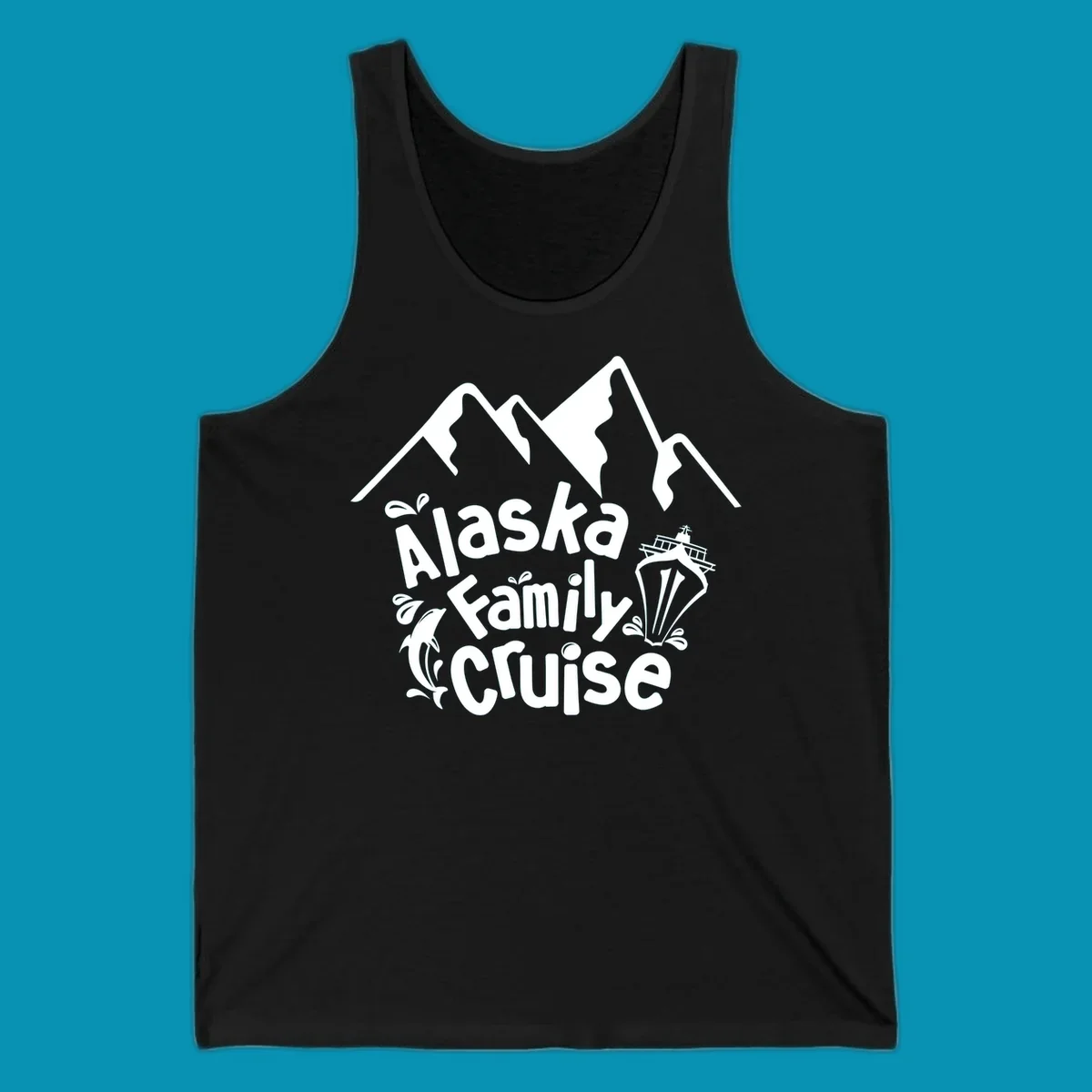 White alaska-family-cruise-mountains design with a cruise ship and a dolphin jumping from the water.