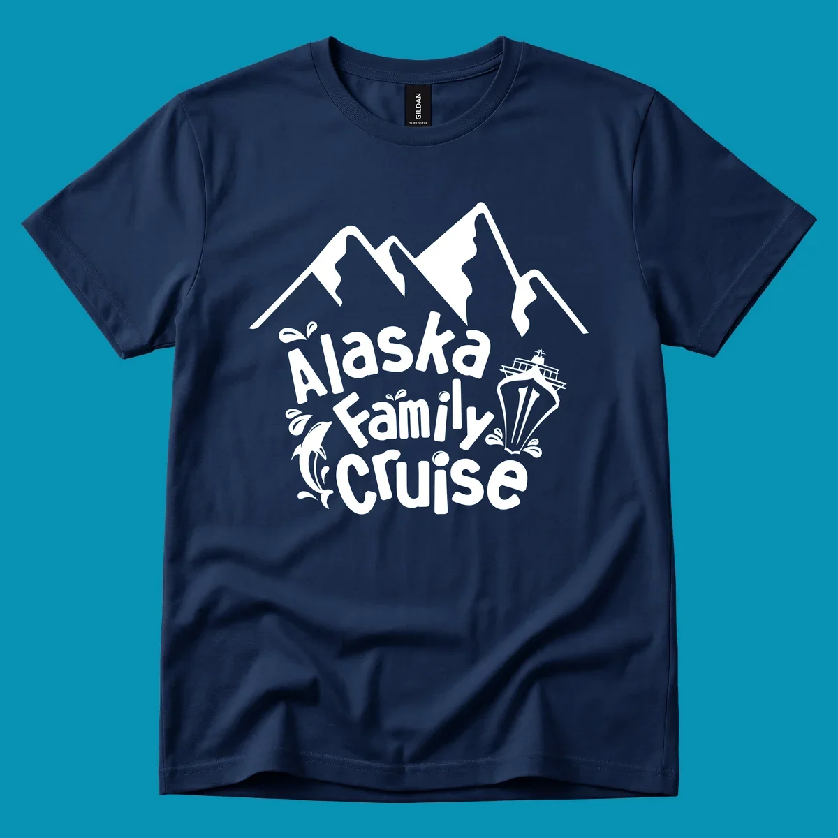 White alaska-family-cruise-mountains design with a cruise ship and a dolphin jumping from the water.