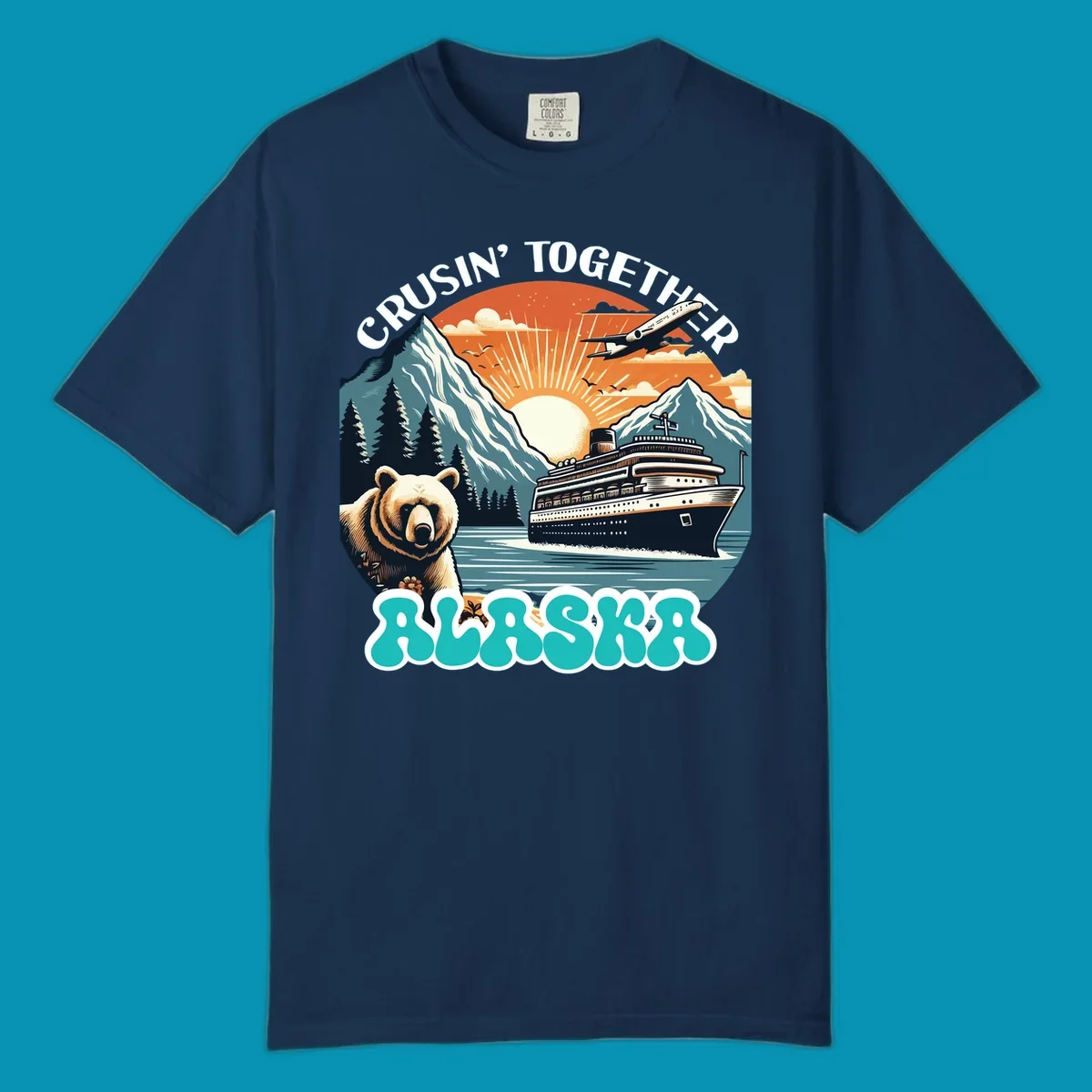 Scenic retro illustration of a bear and cruise ship with the text crusin-together-grizzly-ship.
