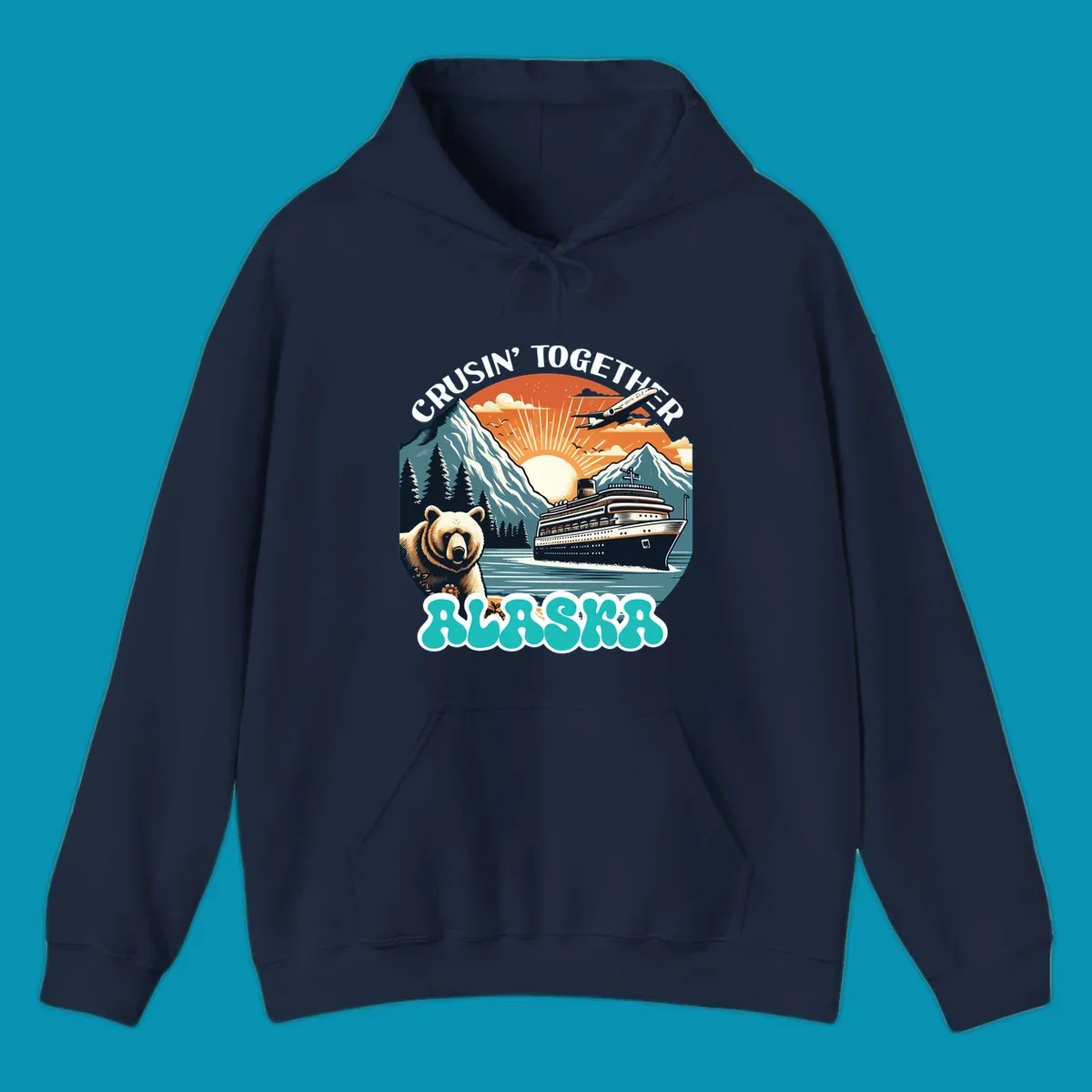 Scenic retro illustration of a bear and cruise ship with the text crusin-together-grizzly-ship.