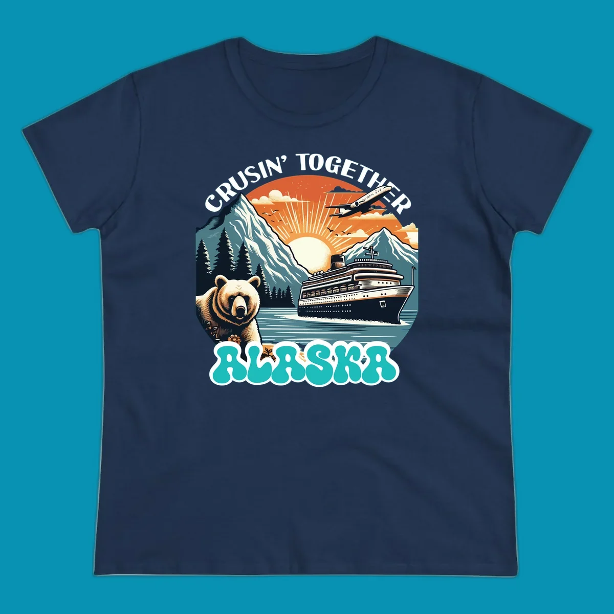 Scenic retro illustration of a bear and cruise ship with the text crusin-together-grizzly-ship.