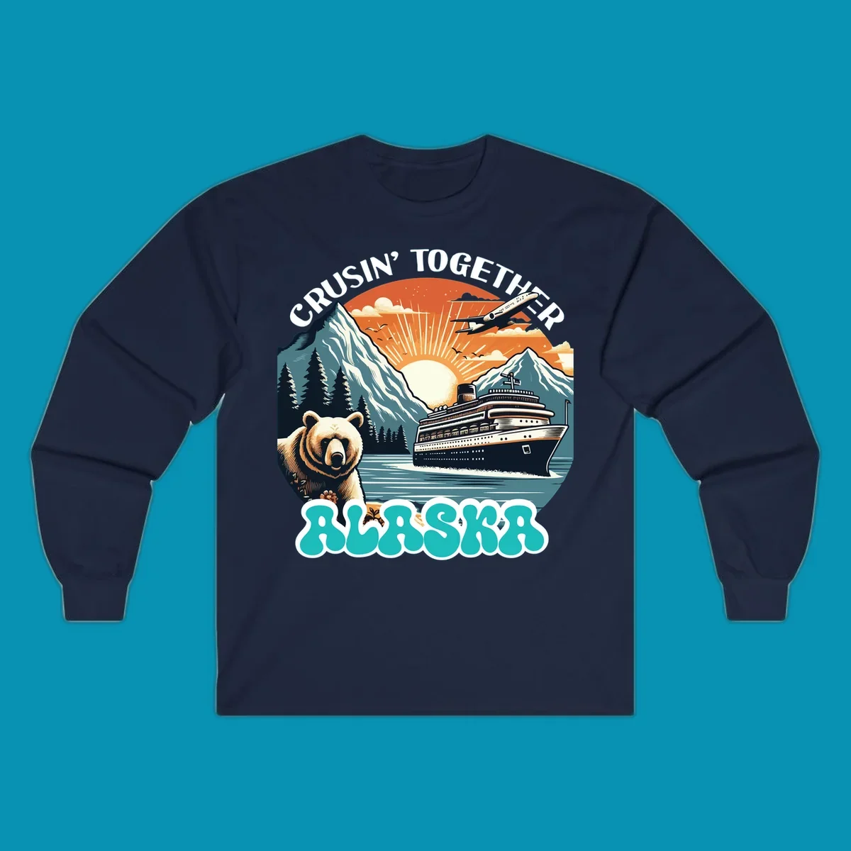 Scenic retro illustration of a bear and cruise ship with the text crusin-together-grizzly-ship.