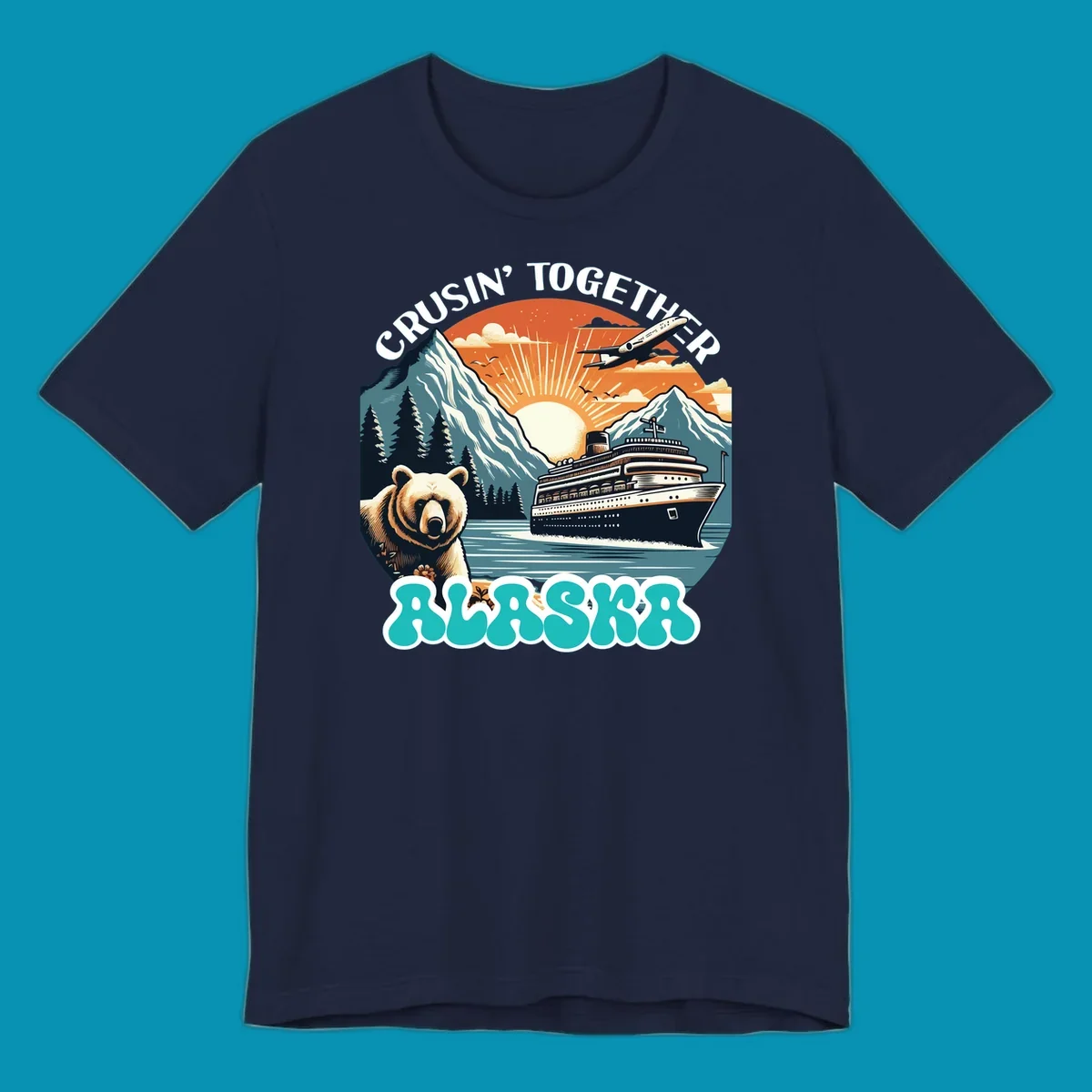 Scenic retro illustration of a bear and cruise ship with the text crusin-together-grizzly-ship.
