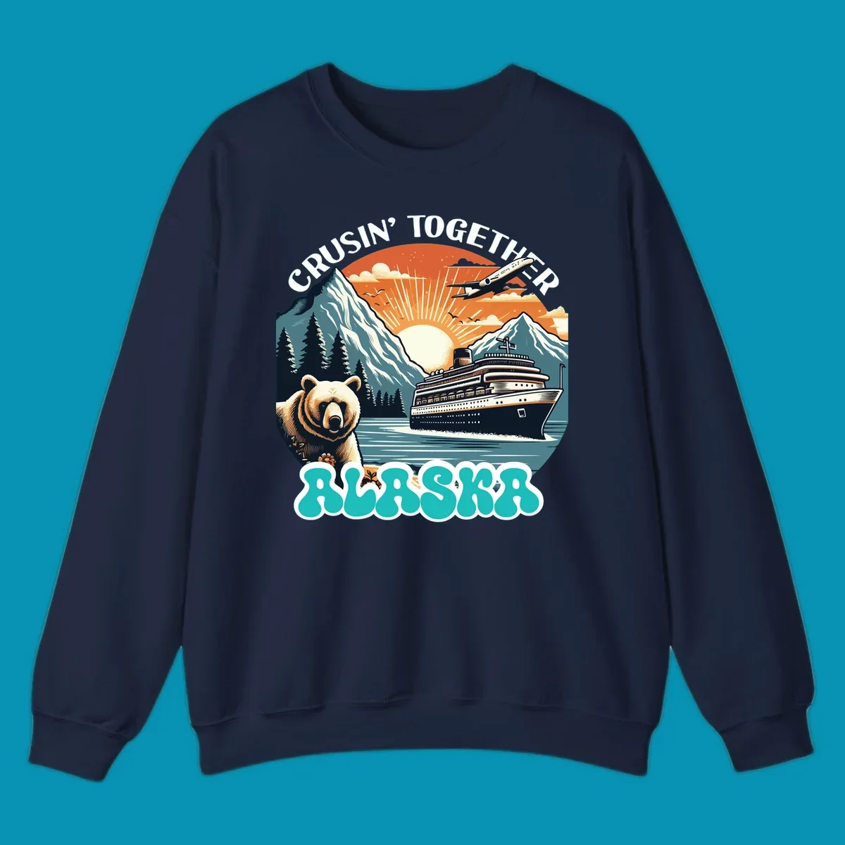 Scenic retro illustration of a bear and cruise ship with the text crusin-together-grizzly-ship.