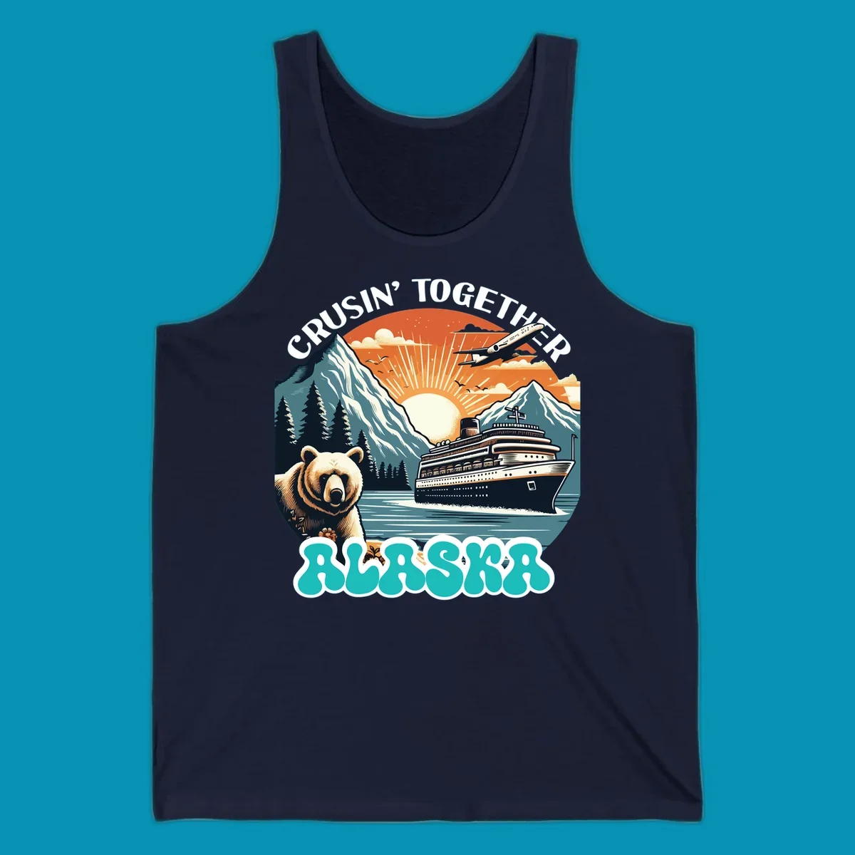 Scenic retro illustration of a bear and cruise ship with the text crusin-together-grizzly-ship.