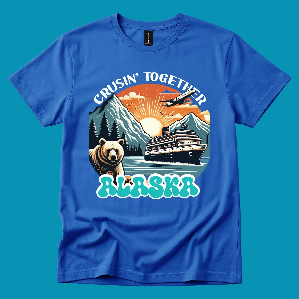 Scenic retro illustration of a bear and cruise ship with the text crusin-together-grizzly-ship.