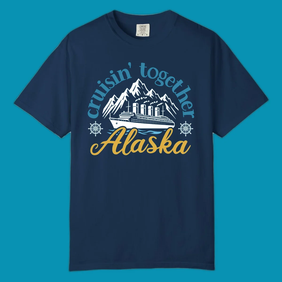 Typography design with cruisin-together-alaska-waves text and stylized blue ocean waves.