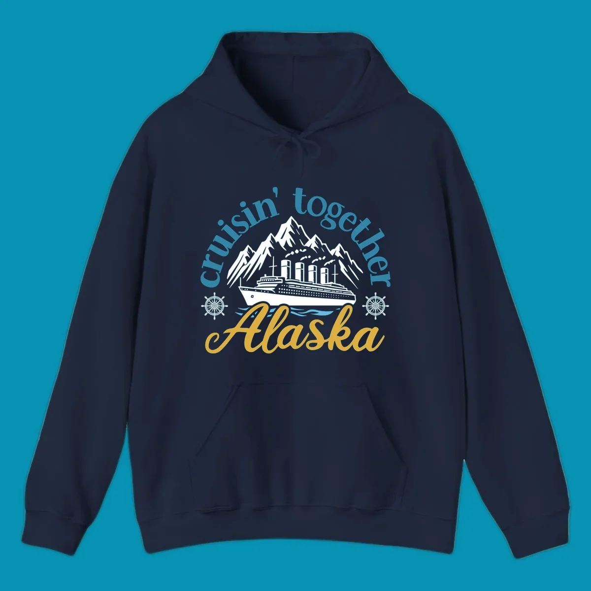 Typography design with cruisin-together-alaska-waves text and stylized blue ocean waves.
