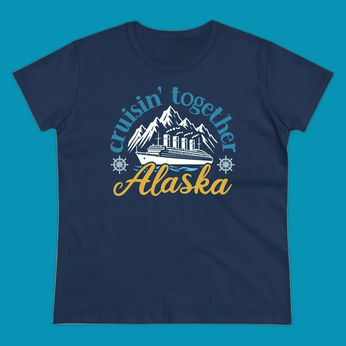 Typography design with cruisin-together-alaska-waves text and stylized blue ocean waves.
