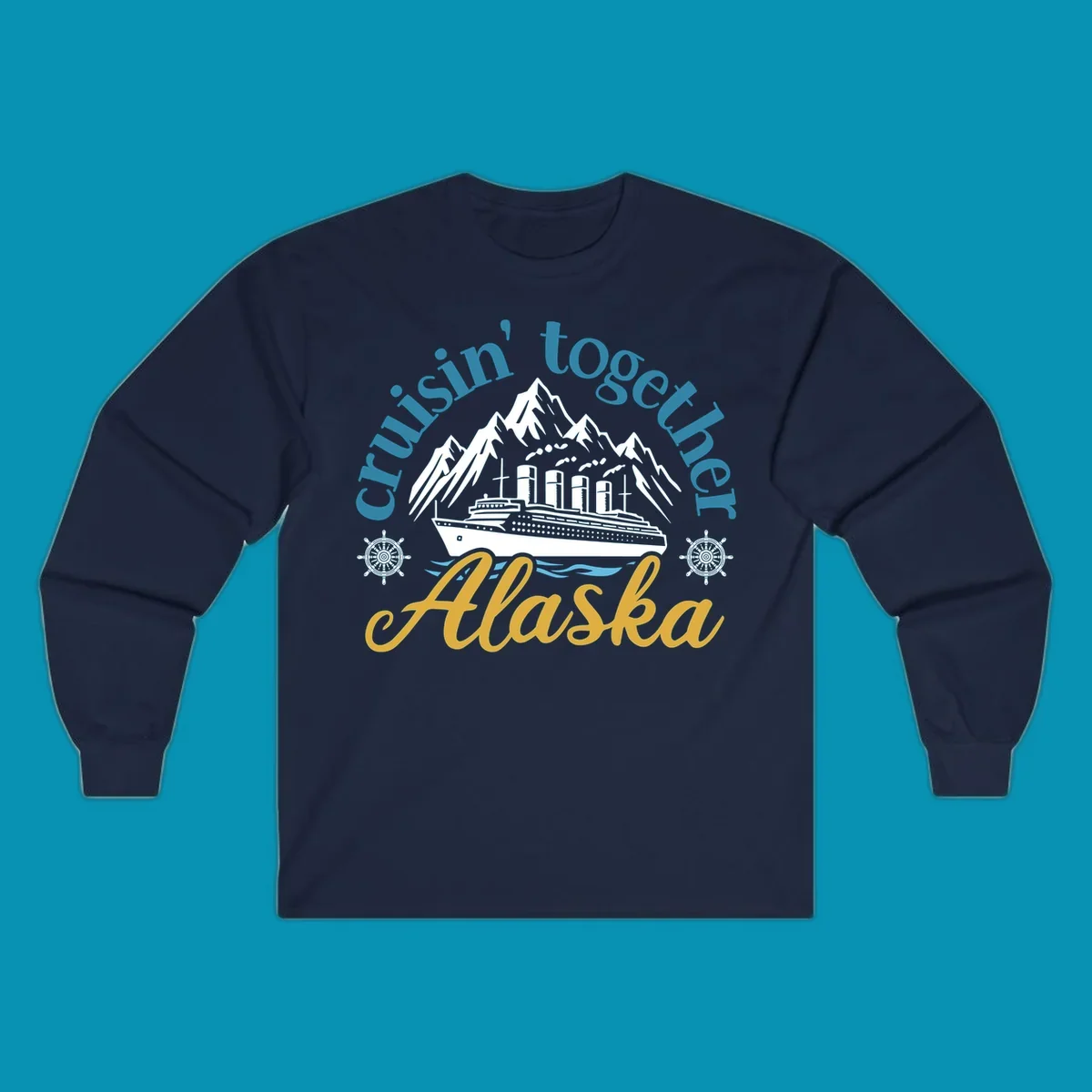 Typography design with cruisin-together-alaska-waves text and stylized blue ocean waves.