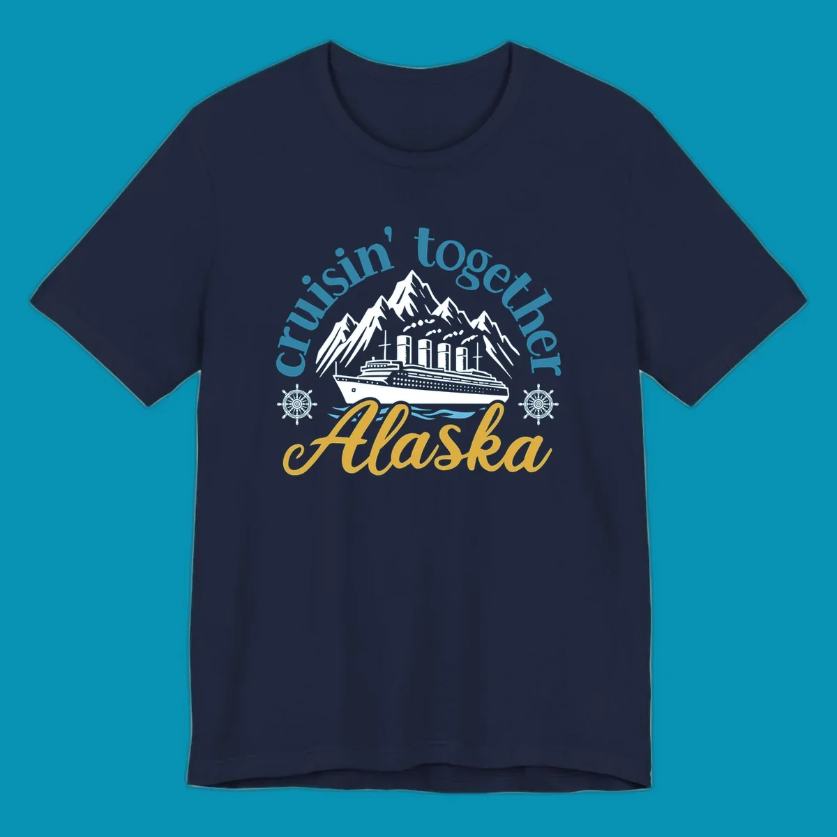 Typography design with cruisin-together-alaska-waves text and stylized blue ocean waves.