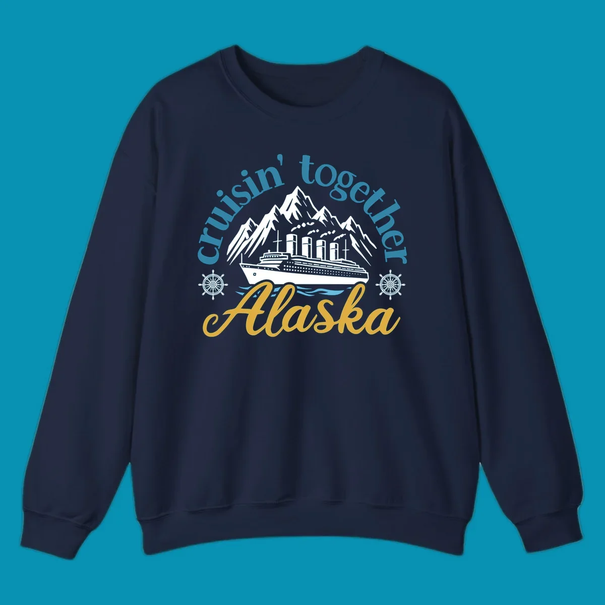 Typography design with cruisin-together-alaska-waves text and stylized blue ocean waves.
