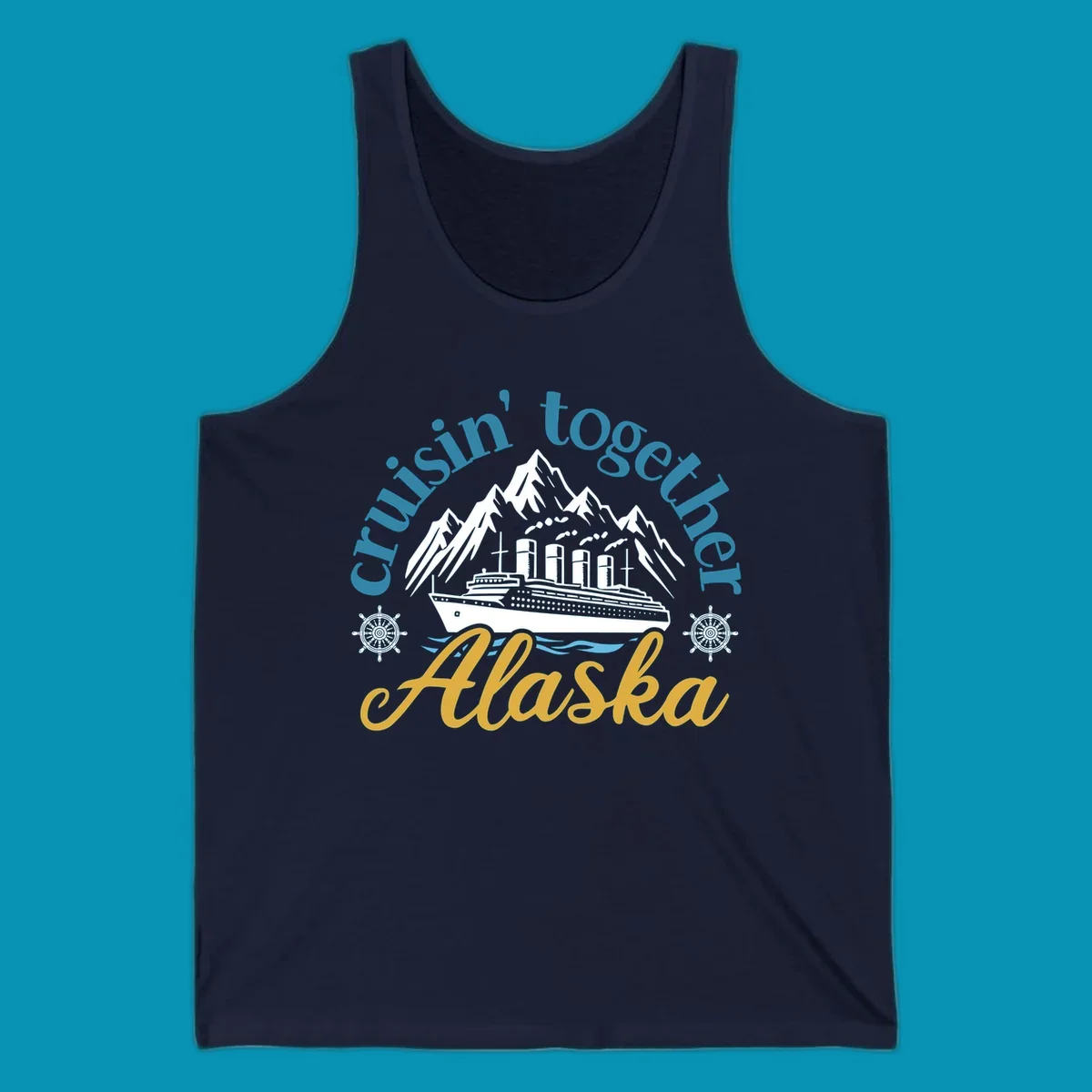 Typography design with cruisin-together-alaska-waves text and stylized blue ocean waves.