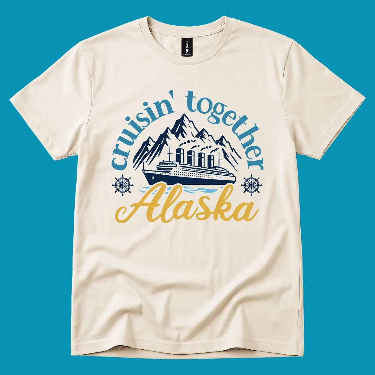 Typography design with cruisin-together-alaska-waves text and stylized blue ocean waves.