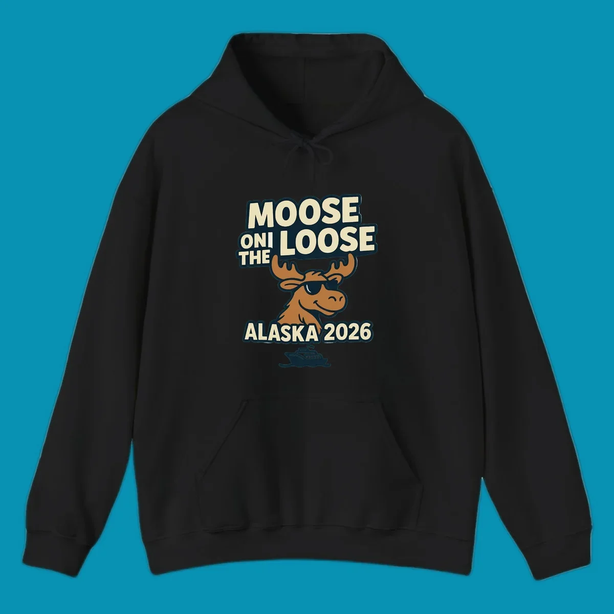 A smiling cartoon moose wearing sunglasses with antlers. Text reads 'MOOSE ON THE LOOSE ALASKA 2026', above a cruise ship, for a moose-on-the-loose-alaska cruise.