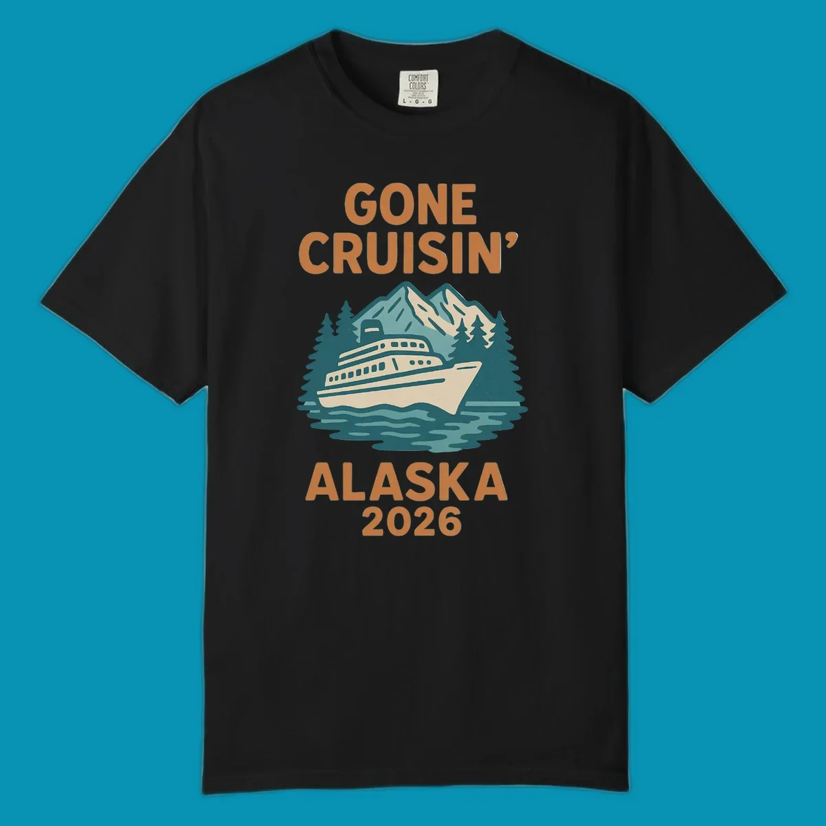 Illustration of a cruise ship against a backdrop of mountains and trees with the text gone-cruisin-mountain-ship.