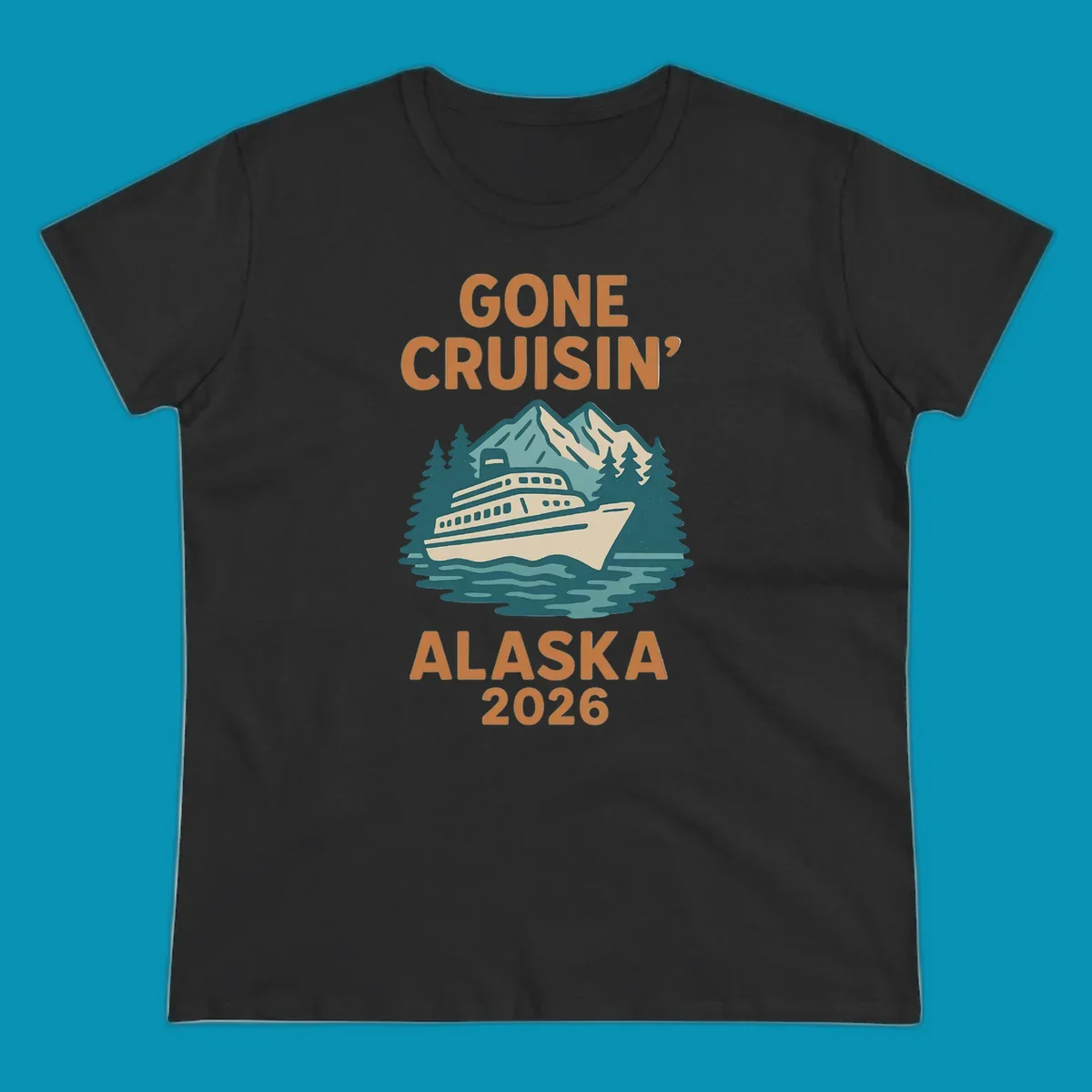 Illustration of a cruise ship against a backdrop of mountains and trees with the text gone-cruisin-mountain-ship.